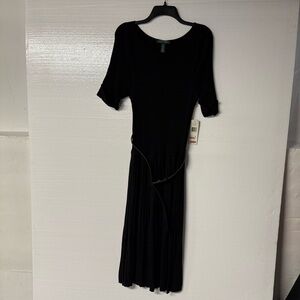 Lauren Ralph Lauren Dress Midi XL Black Ribbed Top Pleated Bottom Belt Waist